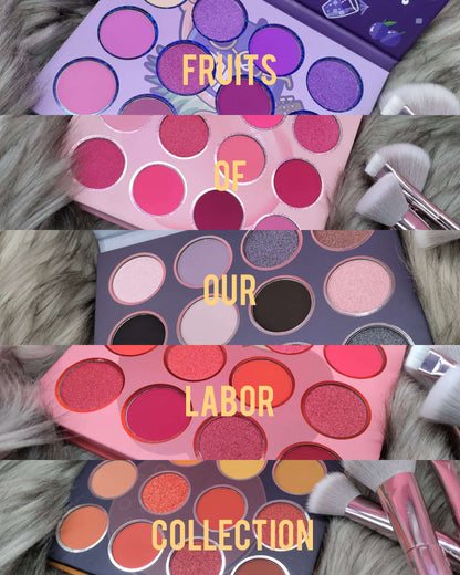 There are four types of palettes in the fruits of our labor eye palette collection.. The top palette is hues of purples, the second one is shades of pink, the third palette is shades of greys and black, the next palette is peaches and  the final palette at the bottom is orange and yellow shades