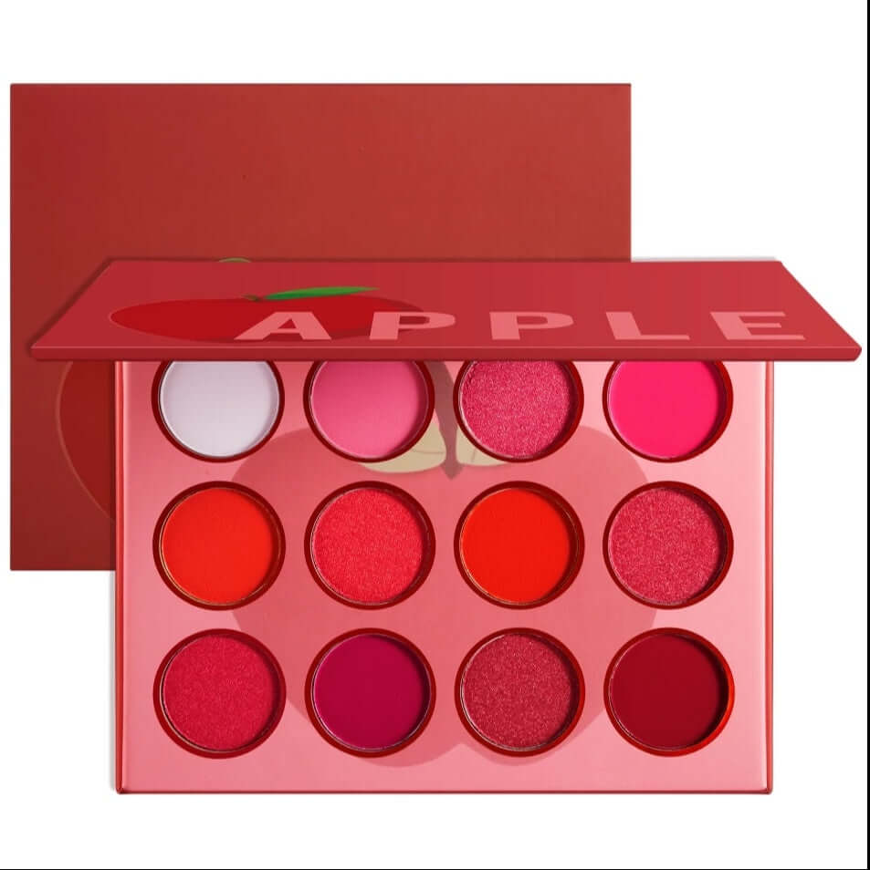 Another angle of the Apple themed eye shadow palette. here you can see the difference in the shades of red ranging from very bright red to burgandy and pink.